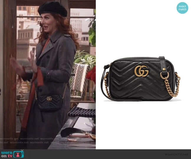 Gucci GG Marmont mini quilted-leather cross-body bag worn by Grace Adler (Debra Messing) on Will and Grace