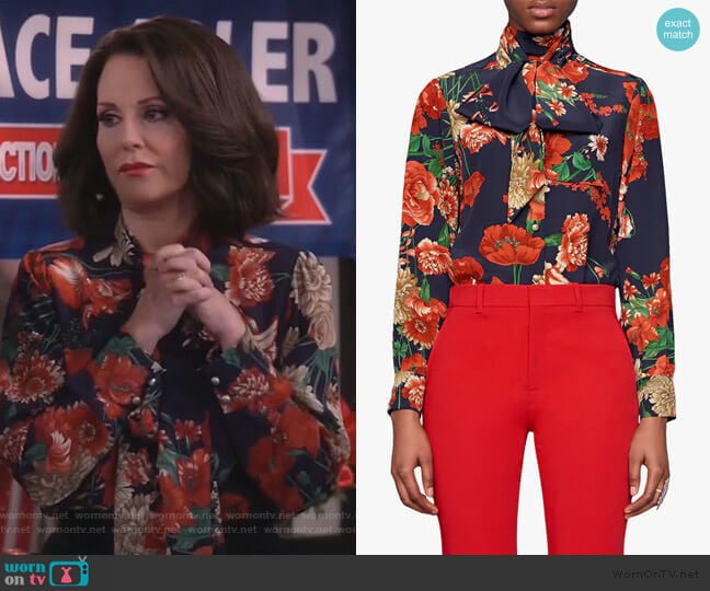 Gucci Spring Bouquet Print Tie Neck Silk Blouse worn by Karen Walker (Megan Mullally) on Will and Grace