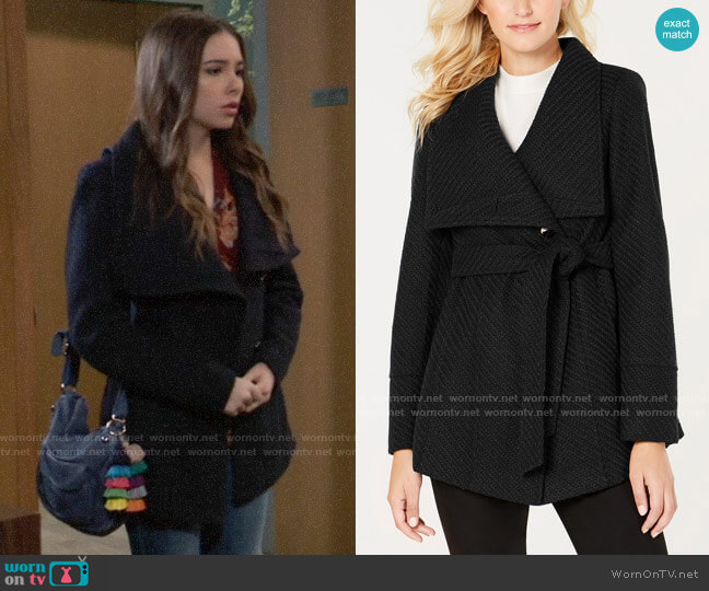 INC International Concepts Textured Wrap Coat in Black worn by Molly Lansing-Davis (Haley Pullos) on General Hospital