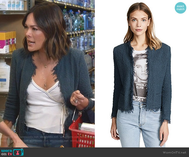 Iro Shavani Jacket in Industrial Blue worn by Camille (Lindsay Price) on Splitting Up Together