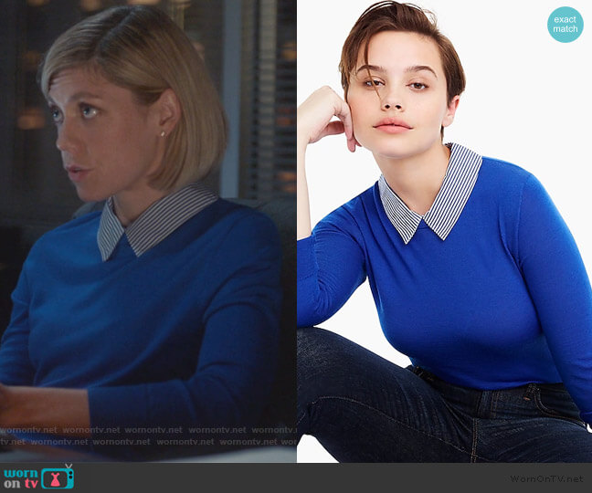 J. Crew Tippi sweater with striped collar worn by Kate Littlejohn (Susannah Flood) on For the People