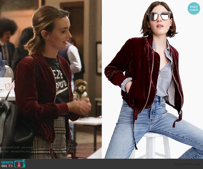 J. Crew Velvet bomber jacket with waist ties worn by Angie (Leighton Meester) on Single Parents