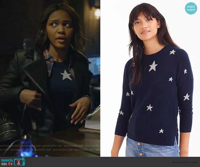 J. Crew Everyday cashmere crewneck sweater with intarsia-knit stars worn by Jennifer Pierce (China Anne McClain) on Black Lightning