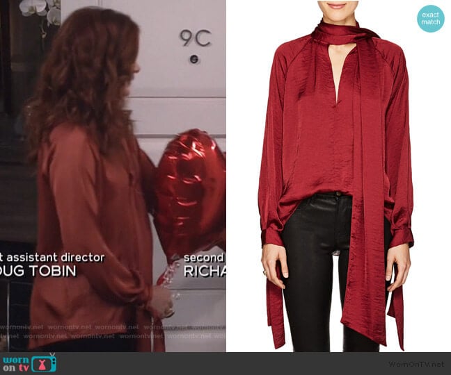 Juan Carlos Obando Washed Satin Tieneck Blouse worn by Grace Adler (Debra Messing) on Will and Grace