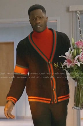 Jeff’s navy striped cardigan on Dynasty
