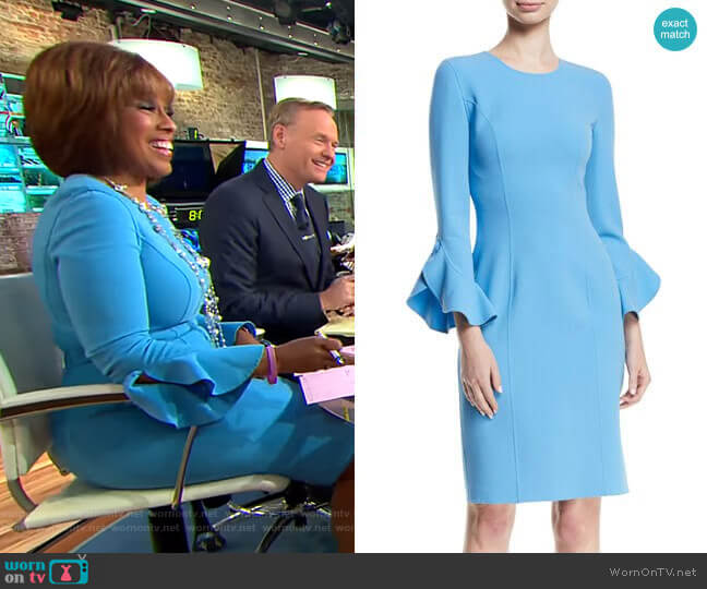 Michael Kors Jewel-Neck Ruffle-Sleeve Stretch-Wool Crepe Sheath Dress worn by Gayle King on CBS Mornings