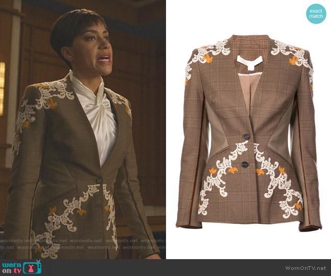 Jonathan Simkhai Appliqué Detail Plaid Jacket worn by Lucca Quinn (Cush Jumbo) on The Good Fight