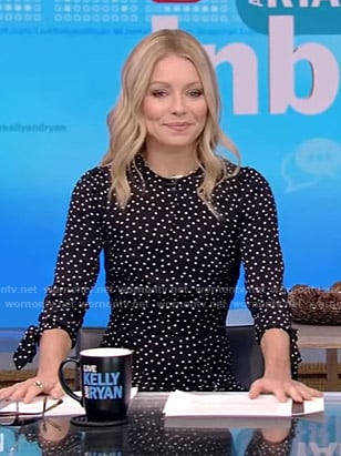 Kelly’s black polka dot tie sleeve dress on Live with Kelly and Ryan