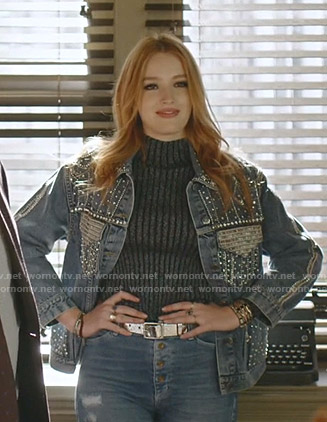 Kirby’s ribbed sweater and embellished denim jacket on Dynasty