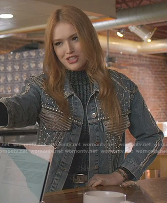 Kirby’s ribbed sweater and embellished denim jacket on Dynasty
