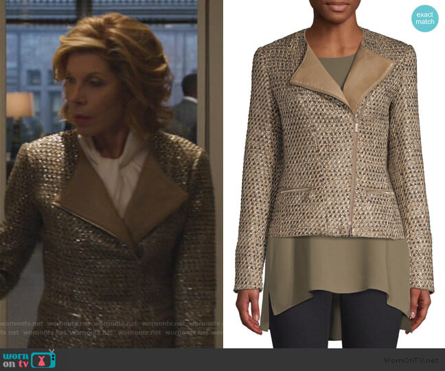 Lafayette 148 New York Trista Tweed & Leather Jacket worn by Diane Lockhart (Christine Baranski) on The Good Fight
