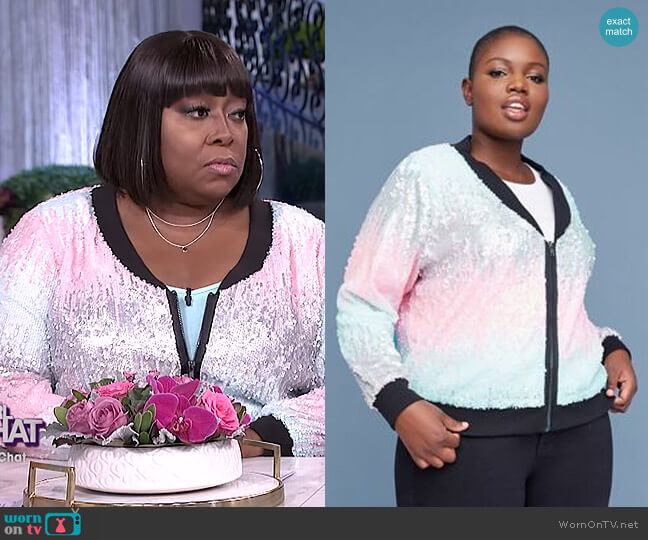 Lane Bryant Multi-Color Sequin Bomber Jacket worn by Loni Love on The Real
