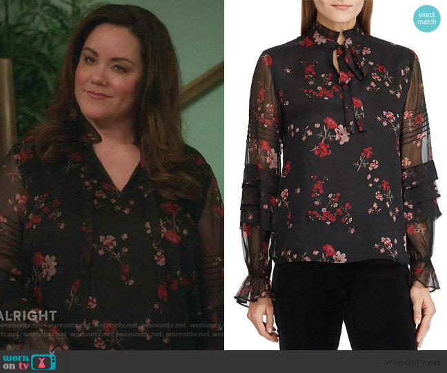 Lauren Ralph Lauren Floral Print Victorian Tie Mock Neck Ruffle Poet worn by Katie Otto (Katy Mixon) on American Housewife