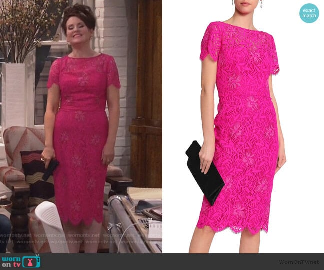 Lela Rose Scalloped embroidered corded lace dress worn by Karen Walker (Megan Mullally) on Will and Grace
