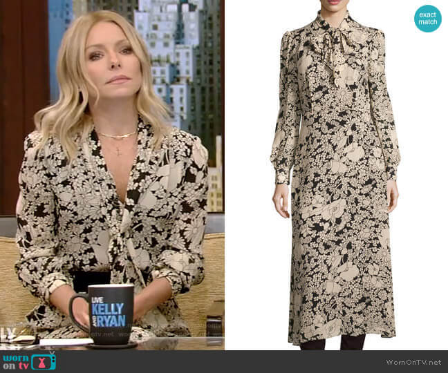 Saint Laurent Long-Sleeve Tie-Neck Floral-Print Shirtdress worn by Kelly Ripa on Live with Kelly and Mark