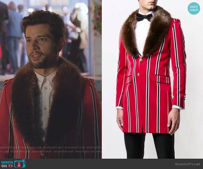 Lords and Fools Malcom Fur-Collar Striped Jacket worn by Sam Flores (Rafael de la Fuente) on Dynasty