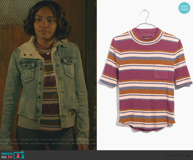 Madewell Mockneck Shirttail Tee in Stripe worn by Jennifer Pierce (China Anne McClain) on Black Lightning