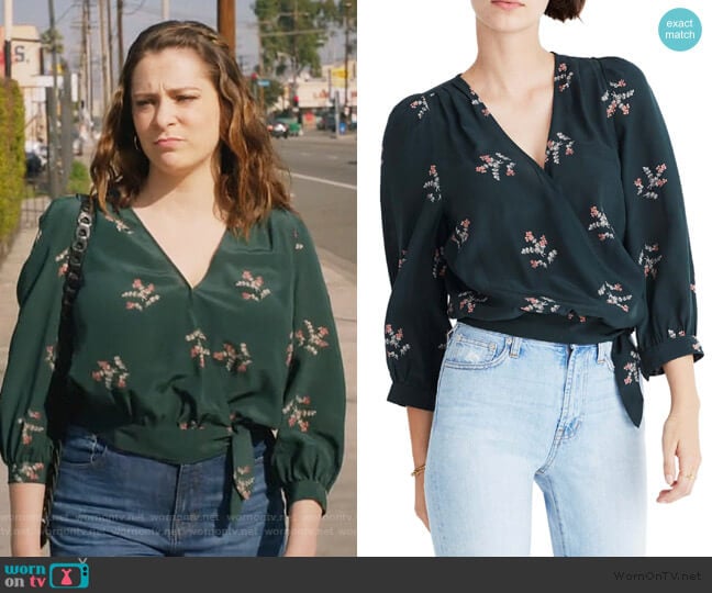 Madewell Poppy Print Silk Wrap Blouse worn by Rebecca Bunch (Rachel Bloom) on Crazy Ex-Girlfriend