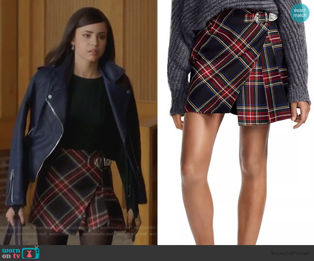 Maje Judie Asymmetric Plaid Mini Skirt worn by Ava Jalali (Sofia Carson) on Pretty Little Liars The Perfectionists