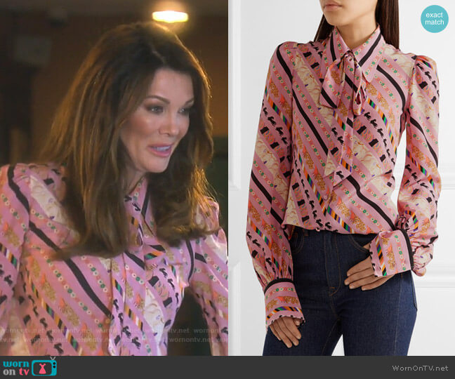 Marc Jacobs Pussy-Bow Printed Silk Blouse worn by Lisa Vanderpump on The Real Housewives of Beverly Hills