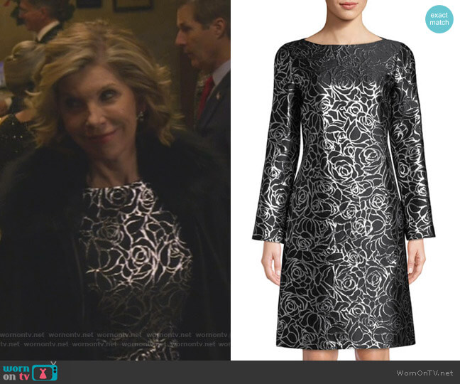 Michael Kors Metallic Floral Jacquard Long-Sleeve Shift Dress worn by Diane Lockhart (Christine Baranski) on The Good Fight