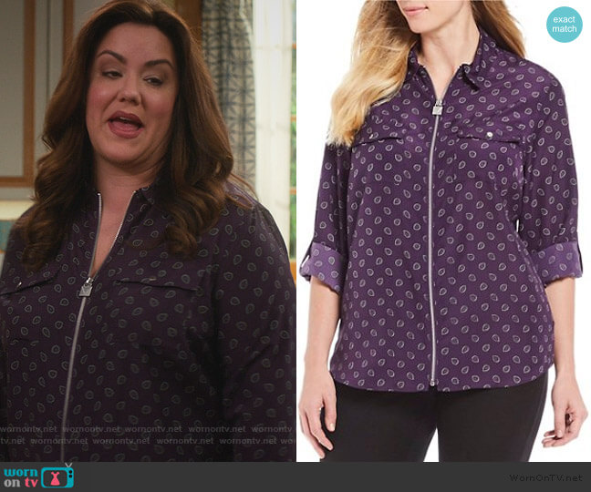 MICHAEL Michael Kors Scattered Foulard Twill Print Roll-Sleeve Lock-Tag Zip worn by Katie Otto (Katy Mixon) on American Housewife