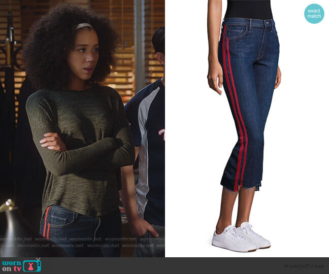 Mother Insider High-Rise Side Stripe Raw Hem Cropped Jeans worn by Allison Adams (Jasmin Savoy Brown) on For the People