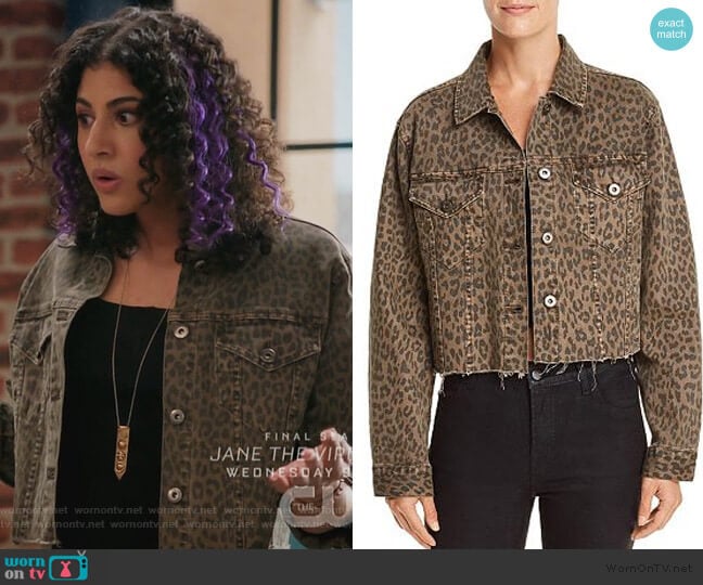 Pistola Naya Leopard Print Cropped Denim Jacket worn by Heather Davis (Vella Lovell) on Crazy Ex-Girlfriend