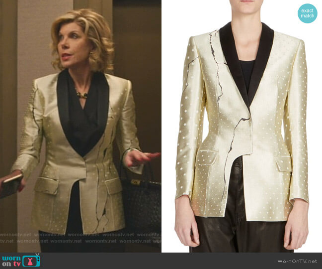 Haider Ackermann Asymmetric Metallic Jacket worn by Diane Lockhart (Christine Baranski) on The Good Fight