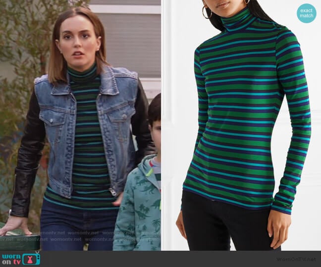 Proenza Schouler striped stretch-cotton jersey turtleneck sweater worn by Angie (Leighton Meester) on Single Parents