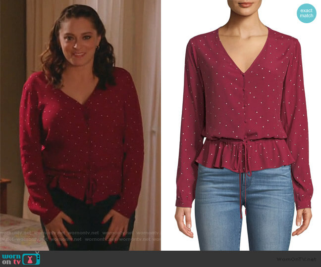 Rails Beaux Dot-Print Button-Front Peplum Top worn by Rebecca Bunch (Rachel Bloom) on Crazy Ex-Girlfriend