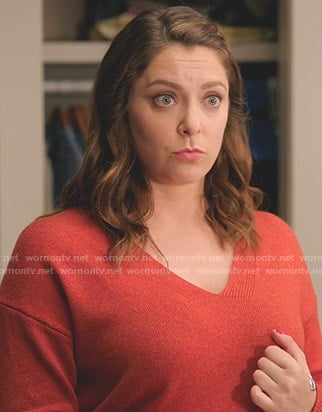 Rebecca’s red v-neck sweater on Crazy Ex-Girlfriend