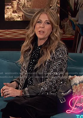 Rita Wilson’s black studded moto jacket on Busy Tonight