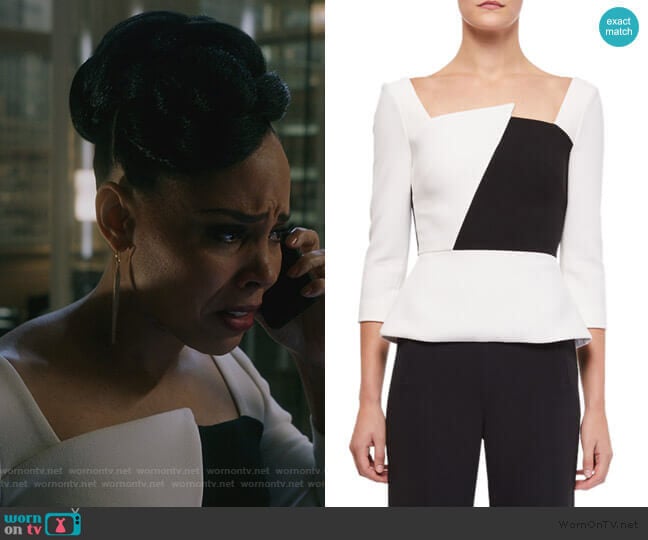 Roland Mouret Houghton 3/4-Sleeve Asymmetric-Neck Colorblock Blouse worn by Tegan Price (Amirah Vann) on How to Get Away with Murder