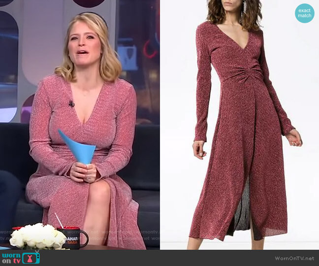 Rotate Gathered Waist Lurex Midi Dress worn by Sara Haines on Good Morning America