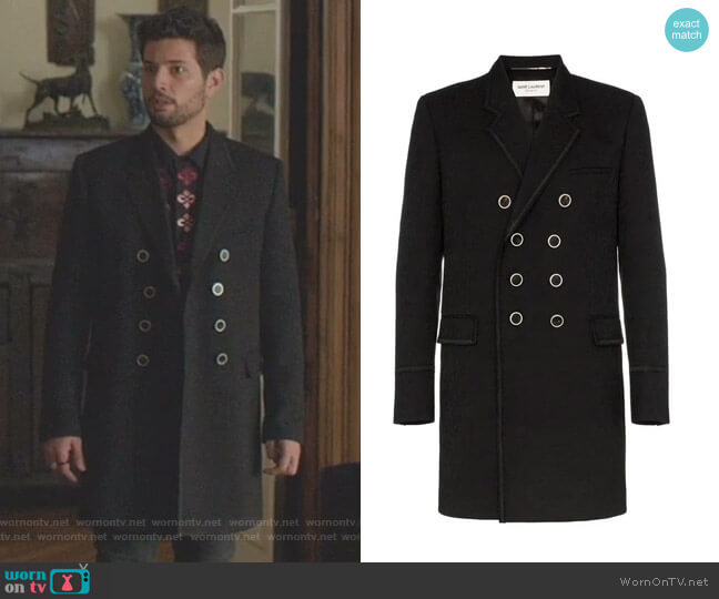 Saint Laurent Double Breasted Paisley Jacquard Virgin Wool Coat worn by Sam Flores (Rafael de la Fuente) on Dynasty