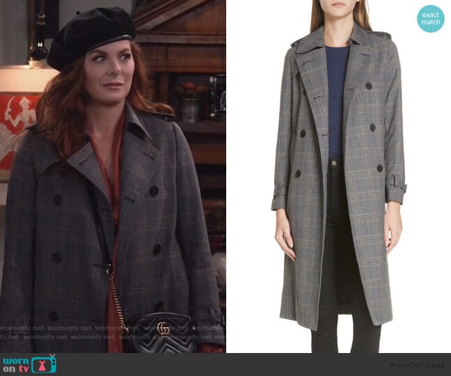 Sandro Long Plaid Coat worn by Grace Adler (Debra Messing) on Will and Grace