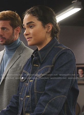 Simone’s denim jacket with yellow stitching on Star