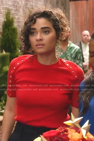 Simone’s red button detail top on Star