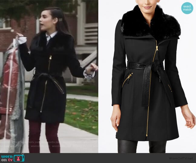 Via Spiga Faux-Fur-Collar Asymmetrical Belted Coat worn by Ava Jalali (Sofia Carson) on Pretty Little Liars The Perfectionists