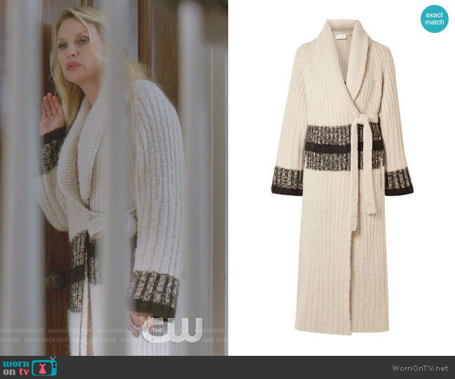 Chloe Striped Ribbed Wool-Blend Cardigan worn by Alexis Carrington (Elaine Hendrix) on Dynasty