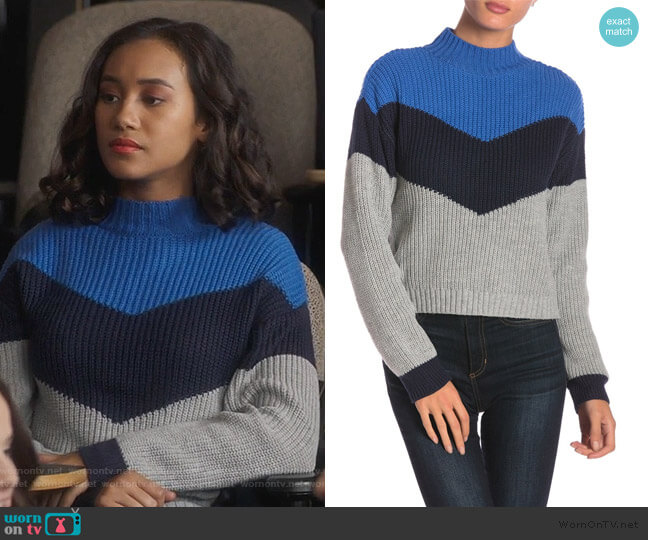 Ten Sixty Sherman Apres Ski Colorblock Knit Mock Neck Sweater worn by Caitlin Martell-Lewis (Sydney Park) on Pretty Little Liars The Perfectionists
