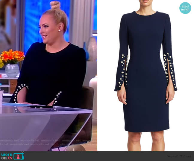 Teri John by Rickie Freeman Crepe Split-Sleeve Pearl-Trim Wool Sheath Dress worn by Meghan McCain on The View