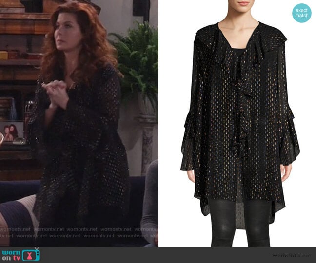 The Kooples Frill Metallic V-Neck Silk Mini Dress worn by Grace Adler (Debra Messing) on Will and Grace