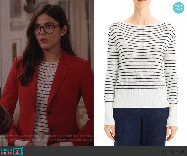 Theory Striped Boatneck Sweater worn by Lisa Apple (Monica Barbaro) on Splitting Up Together