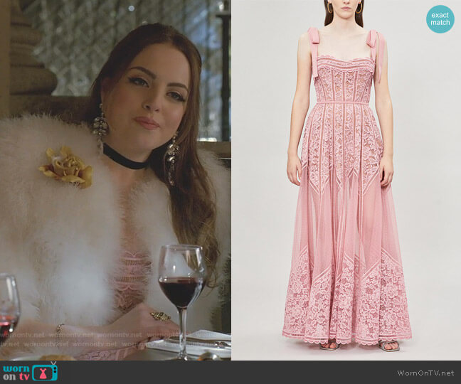 Elie Saab Tie-Shoulder Lace and Mesh Gown worn by Fallon Carrington (Elizabeth Gillies) on Dynasty