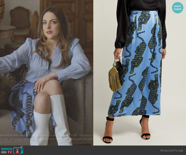 Rebecca de Ravenel Tiger-Print Silk Wrap Skirt worn by Fallon Carrington (Elizabeth Gillies) on Dynasty