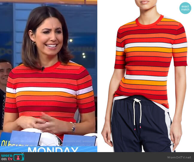 Tory Sport Tech Knit Striped Short-Sleeve Sweater worn by Cecilia Vega on Good Morning America