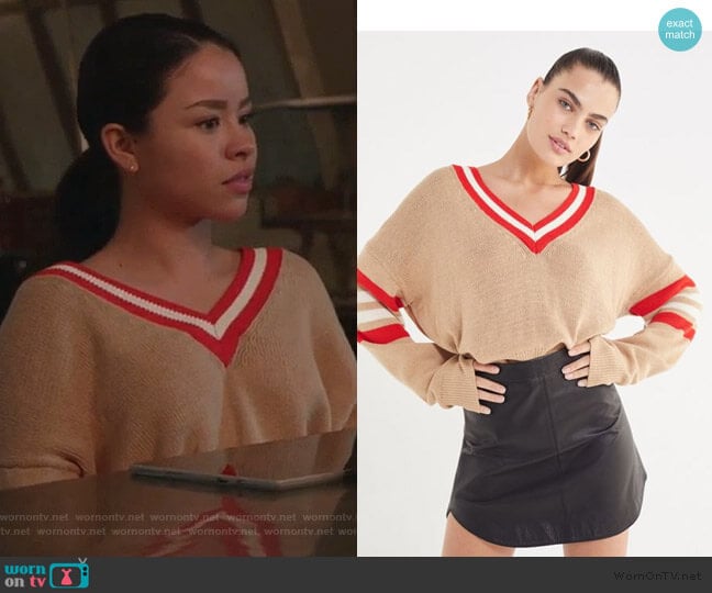Urban Outfitters Kristen V-Neck Varsity Sweater worn by Mariana Foster (Cierra Ramirez) on Good Trouble