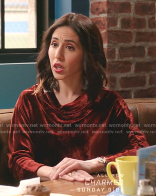 Valencia’s red velvet cowl neck top on Crazy Ex-Girlfriend